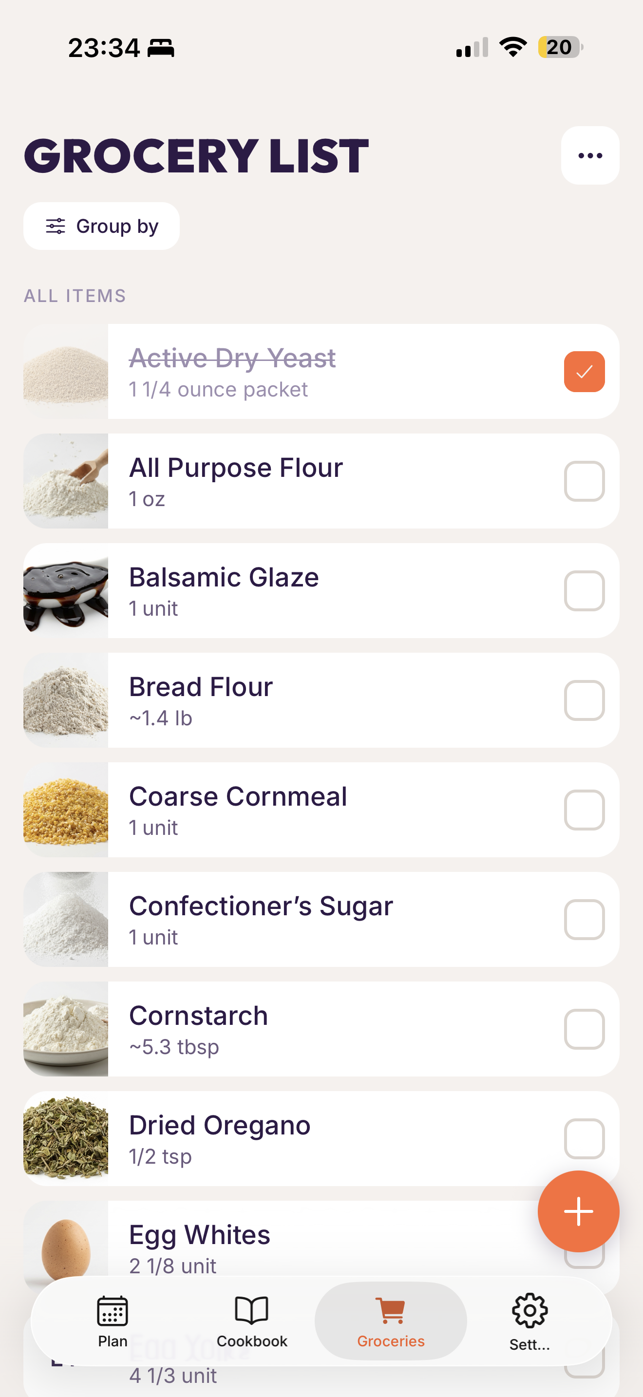 Smart grocery list with ingredients organized by category