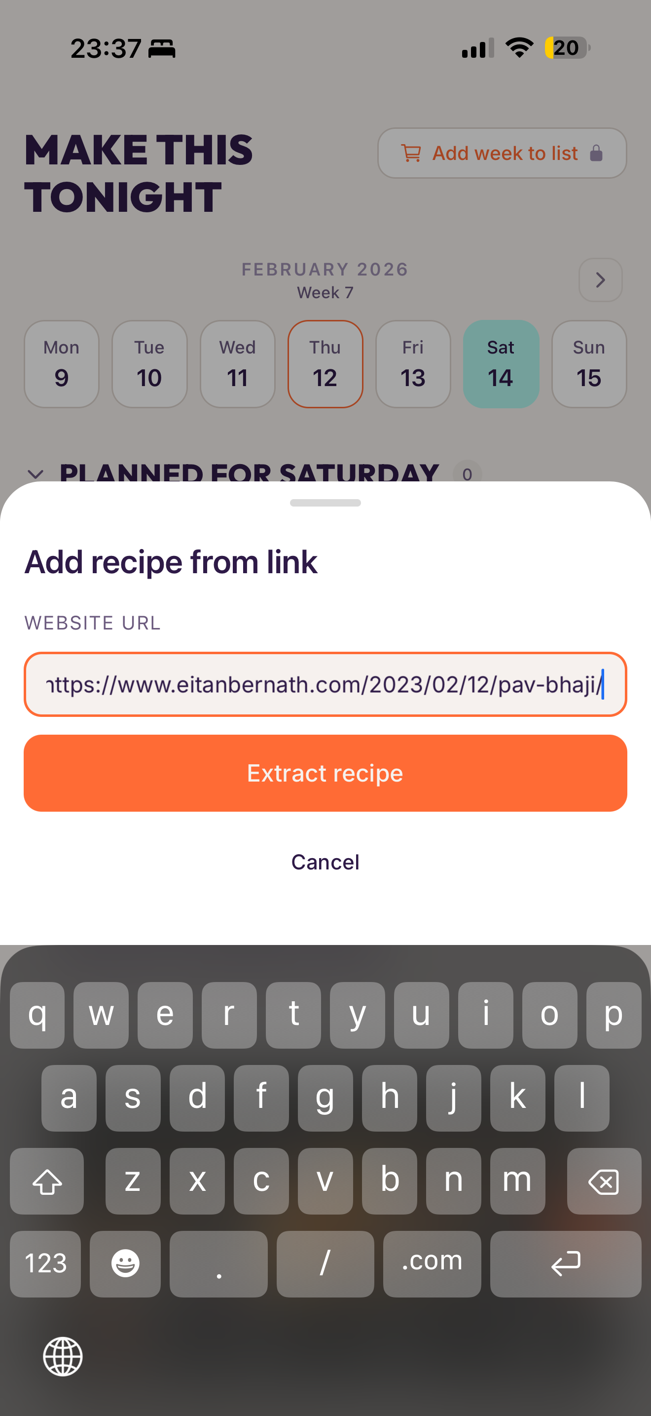 Import recipe screen showing URL paste and AI extraction