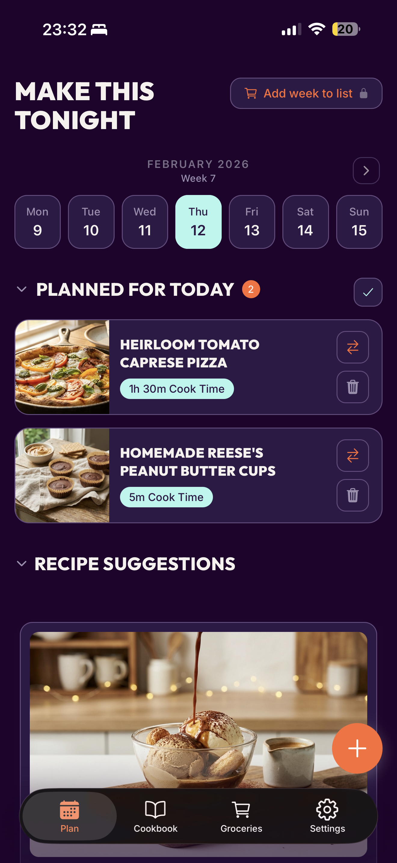 Weekly meal planner showing planned recipes for each day